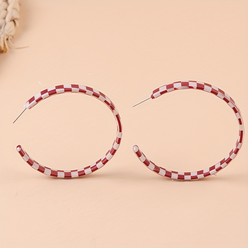 Women's Large Acrylic Checkerboard C-Shaped Hoop Earrings